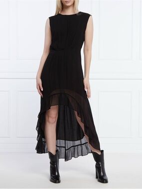 The Kooples Long Draped Black Sleeveless High-Low Ruffle Dress